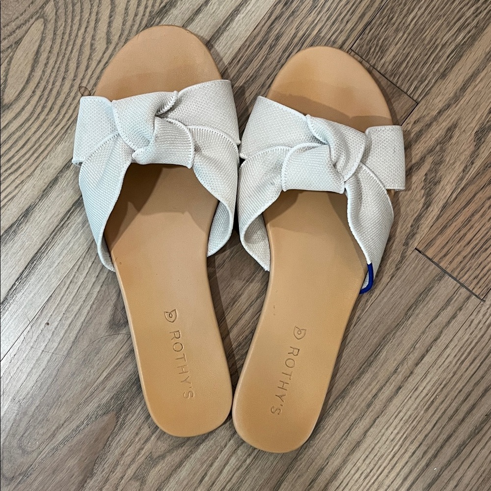 Rothy's Knotted Slide Sandals in Light Beige and Tan